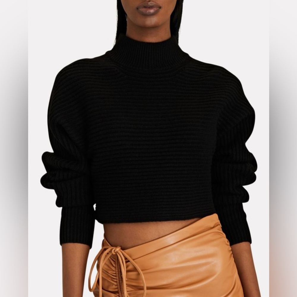 Intermix Fay Cropped Black Ribbed Turtleneck Cashmere Sweater